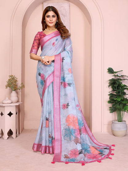 Pink &amp; Blue Floral Linen Cotton Saree with Contrast Border! for Women
