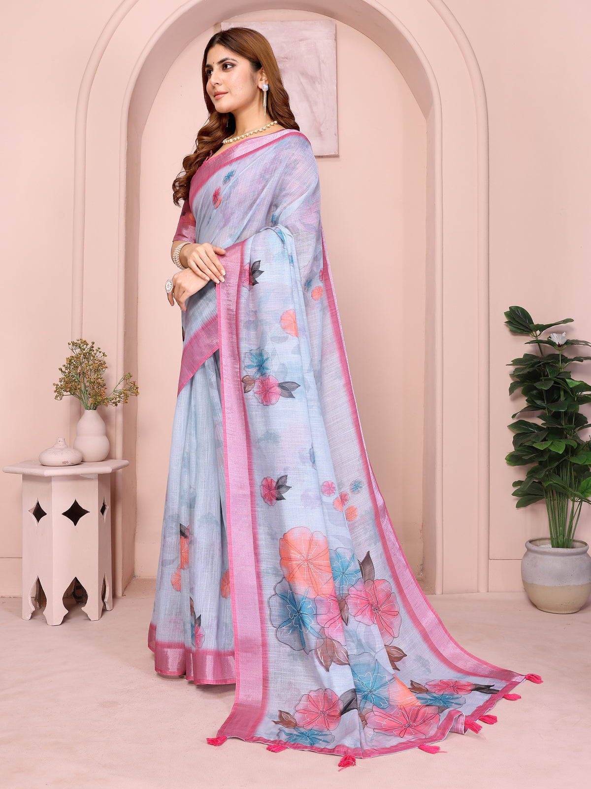 Pink &amp; Blue Floral Linen Cotton Saree with Contrast Border! for Women