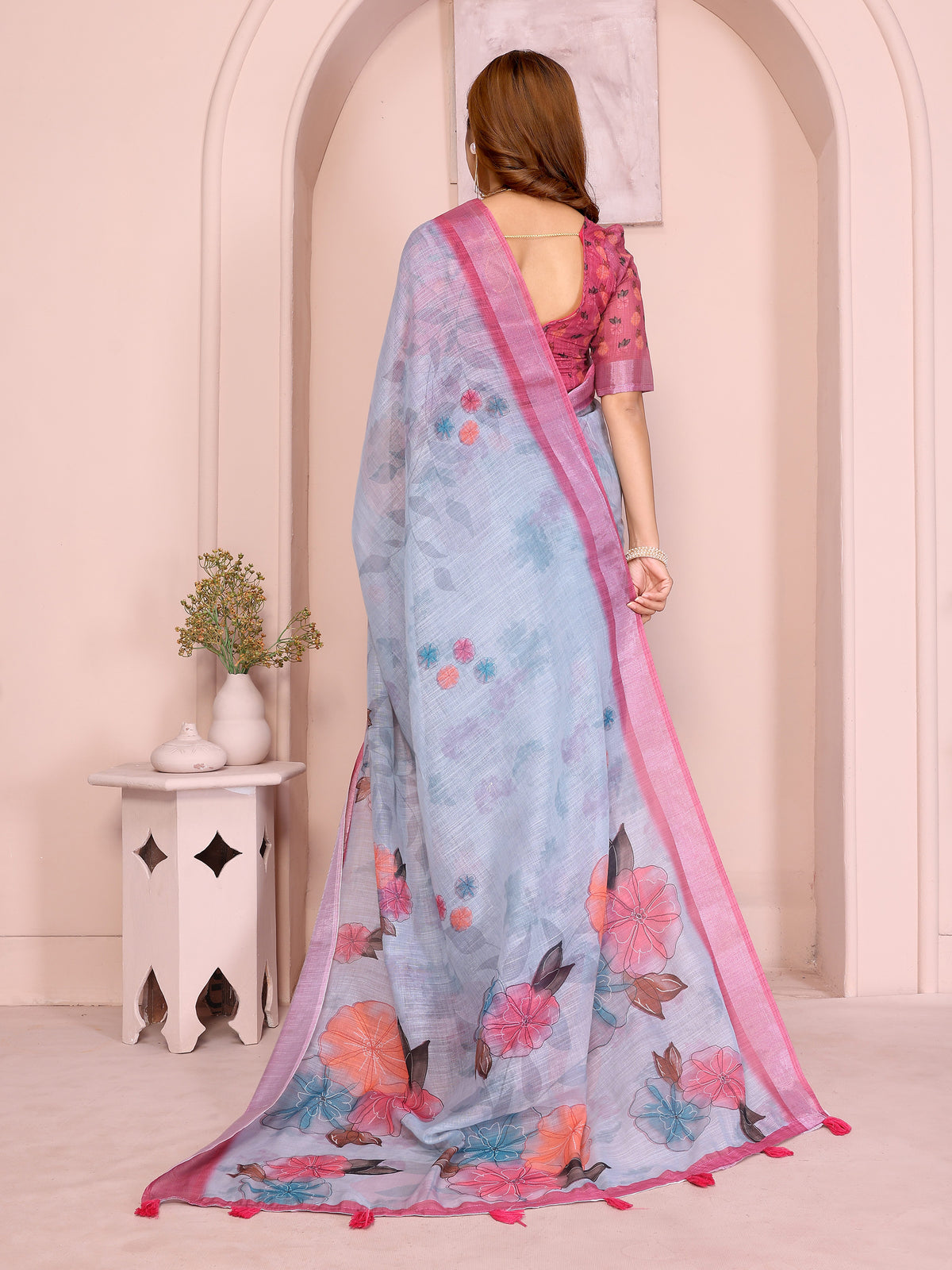 Pink &amp; Blue Floral Linen Cotton Saree with Contrast Border! for Women