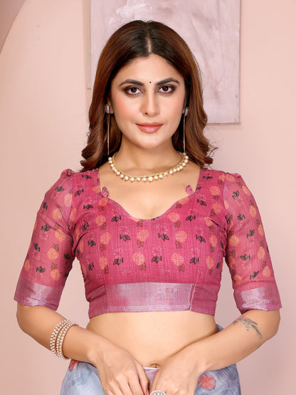 Pink &amp; Blue Floral Linen Cotton Saree with Contrast Border! for Women