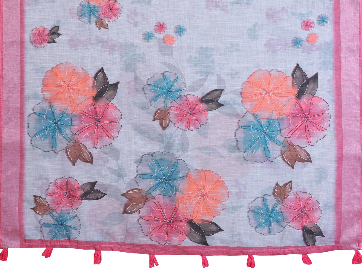 Pink &amp; Blue Floral Linen Cotton Saree with Contrast Border! for Women