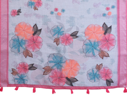 Pink &amp; Blue Floral Linen Cotton Saree with Contrast Border! for Women