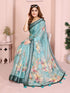 Teal Floral Linen Cotton Saree with Elegant Contrast Border for Women