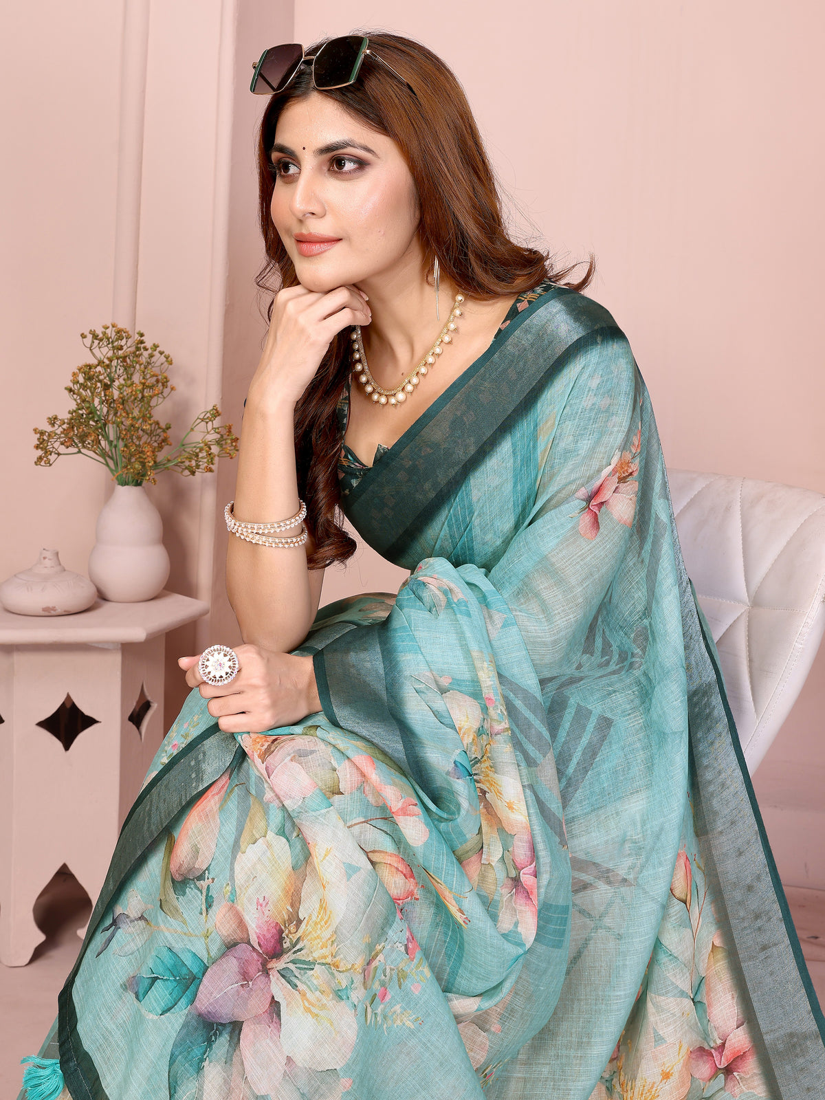 Teal Floral Linen Cotton Saree with Elegant Contrast Border for Women