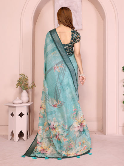 Teal Floral Linen Cotton Saree with Elegant Contrast Border for Women