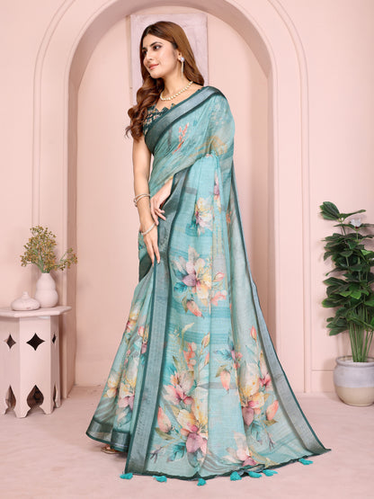 Teal Floral Linen Cotton Saree with Elegant Contrast Border for Women