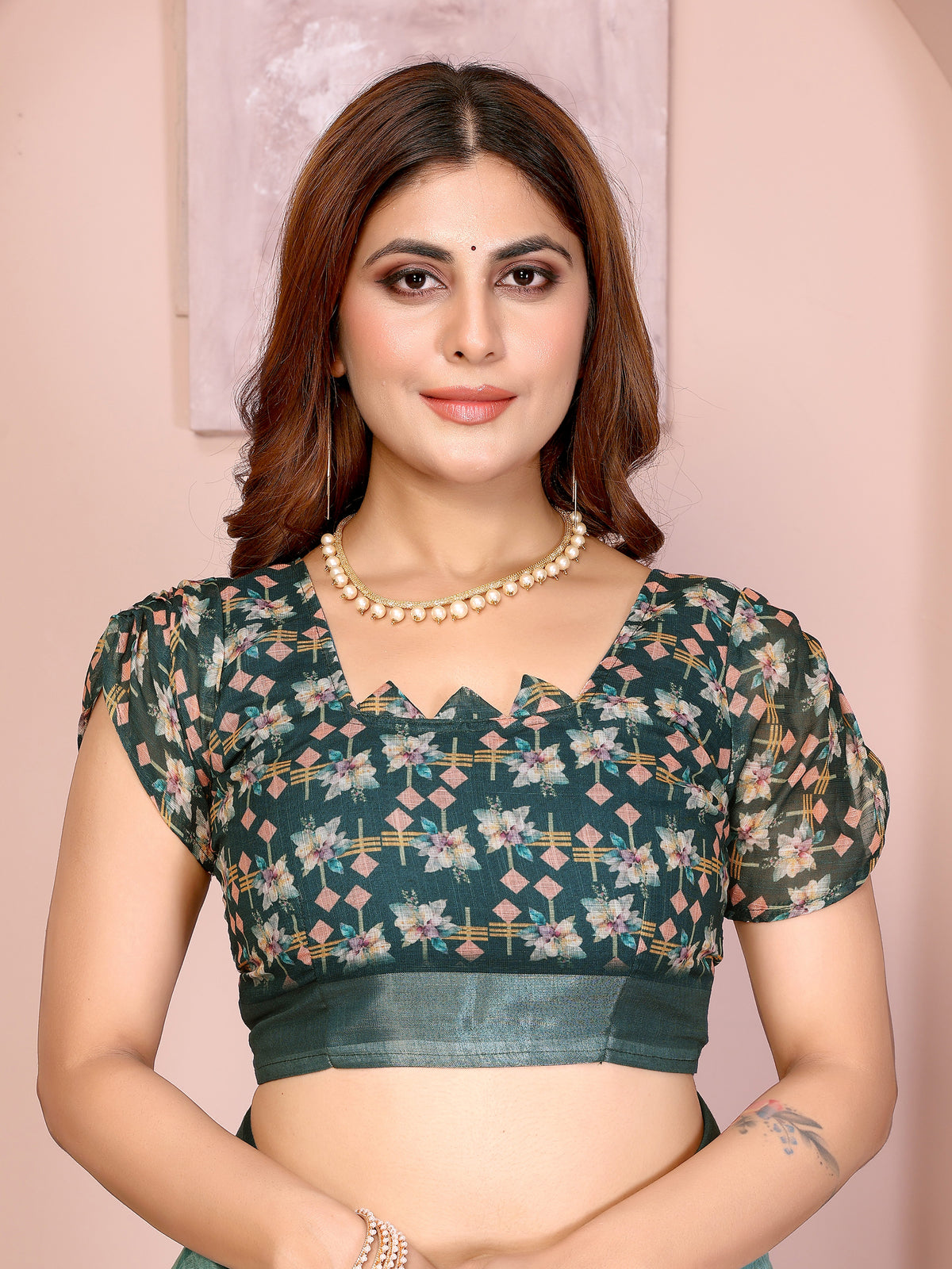 Teal Floral Linen Cotton Saree with Elegant Contrast Border for Women