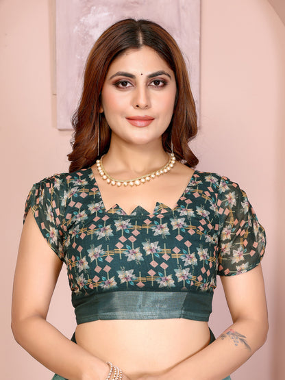 Teal Floral Linen Cotton Saree with Elegant Contrast Border for Women