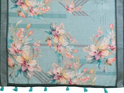 Teal Floral Linen Cotton Saree with Elegant Contrast Border for Women