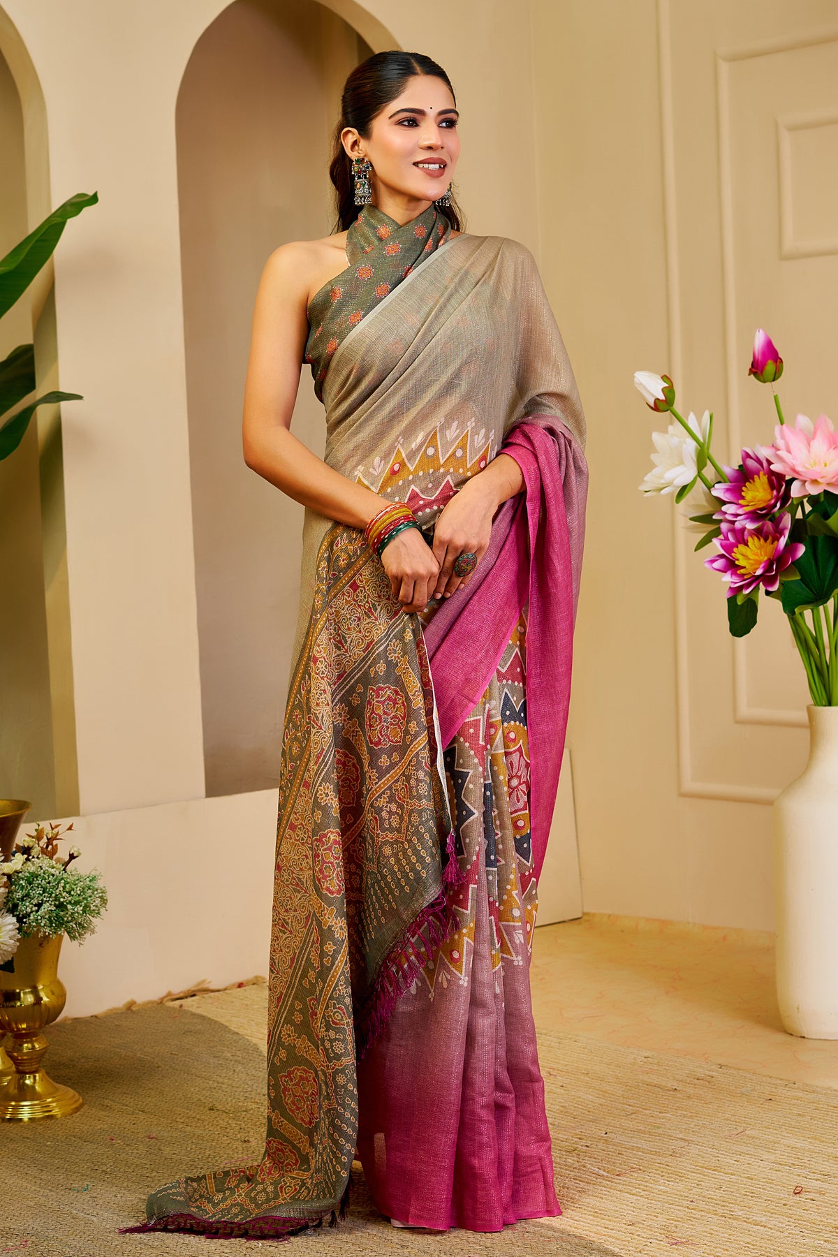 Teal Green Tissue Handloom Cotton Saree With Printed Pallu for Women