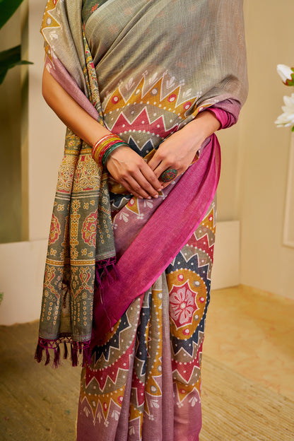 Teal Green Tissue Handloom Cotton Saree With Printed Pallu for Women