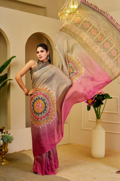 Teal Green Tissue Handloom Cotton Saree With Printed Pallu for Women