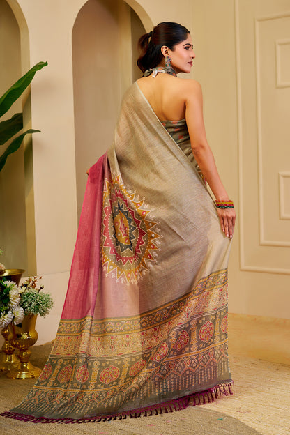 Teal Green Tissue Handloom Cotton Saree With Printed Pallu for Women