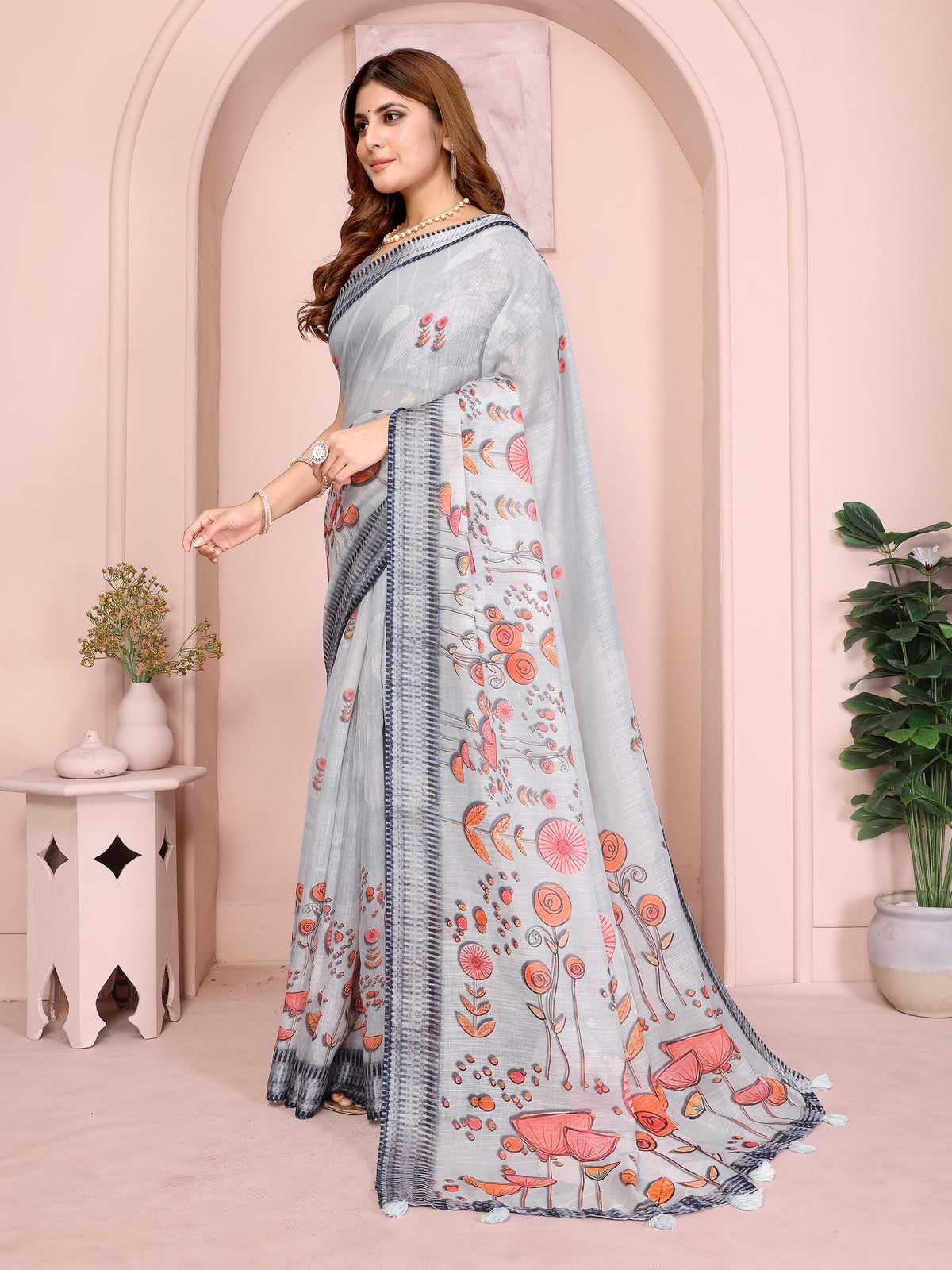 Grey Floral Linen Cotton Saree with Distinctive Blue Border for Women