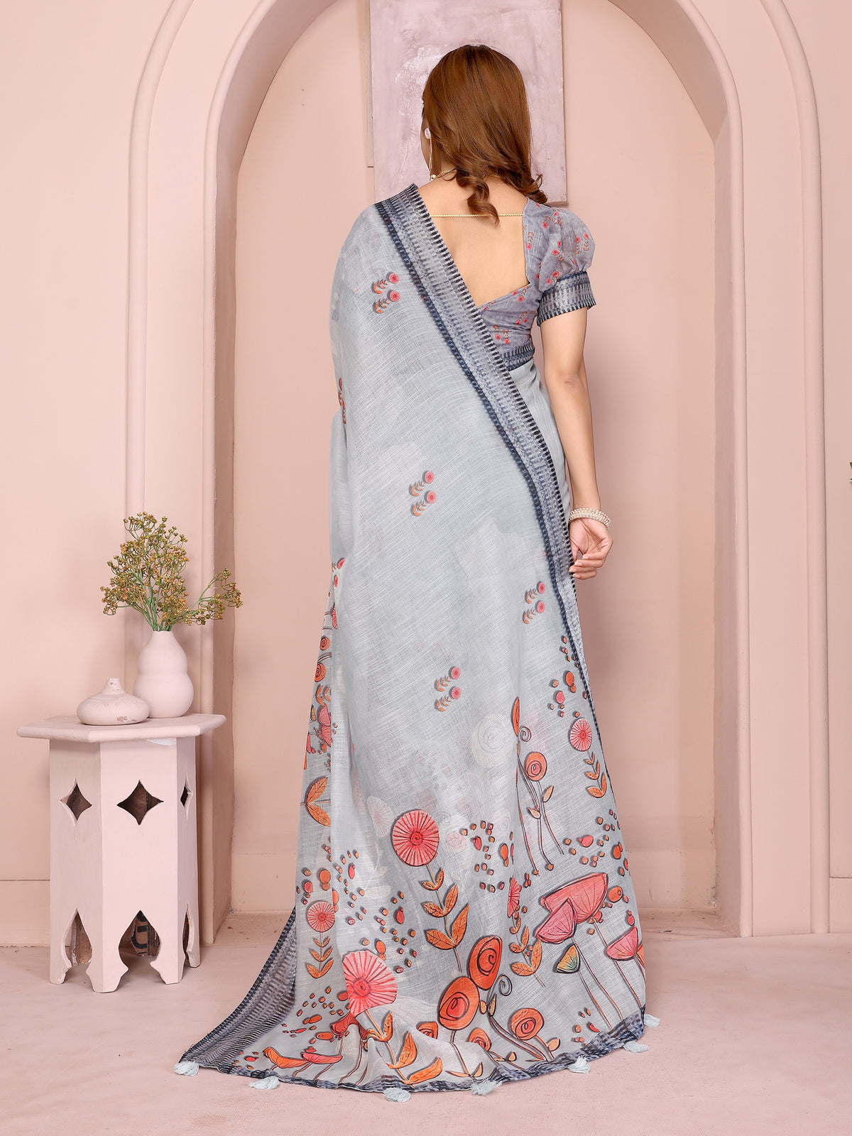 Grey Floral Linen Cotton Saree with Distinctive Blue Border for Women