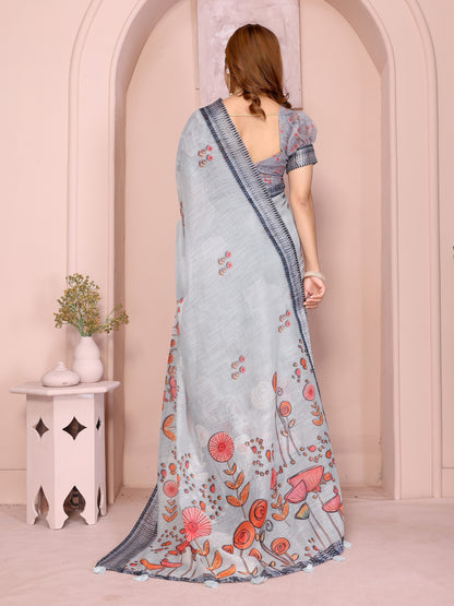 Grey Floral Linen Cotton Saree with Distinctive Blue Border for Women