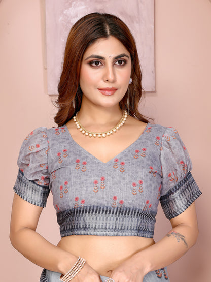 Grey Floral Linen Cotton Saree with Distinctive Blue Border for Women