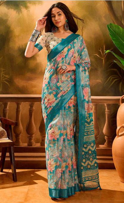 Aqua Blue Floral Linen Cotton Saree with Contrast Blue Edge for Women