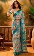 Aqua Blue Floral Linen Cotton Saree with Contrast Blue Edge for Women