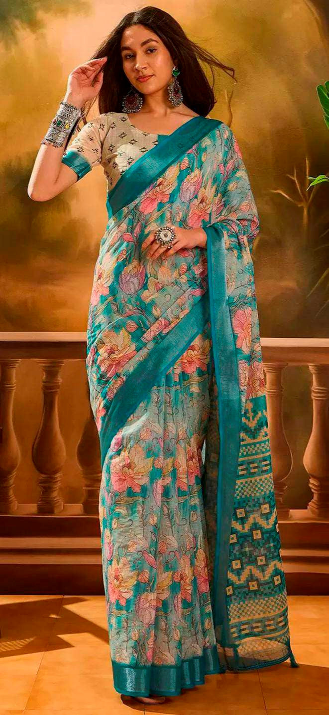 Aqua Blue Floral Linen Cotton Saree with Contrast Blue Edge for Women