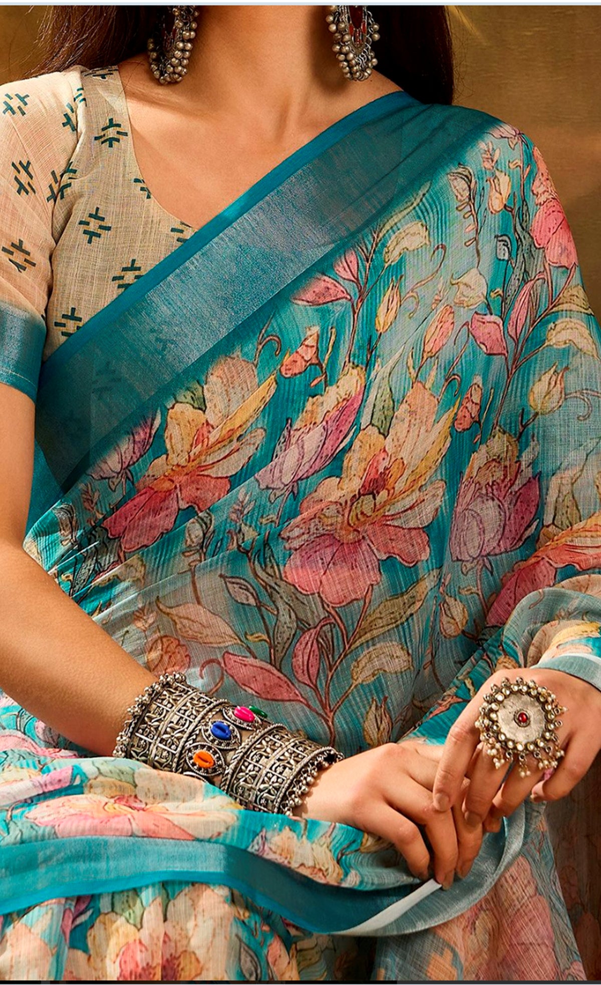 Aqua Blue Floral Linen Cotton Saree with Contrast Blue Edge for Women