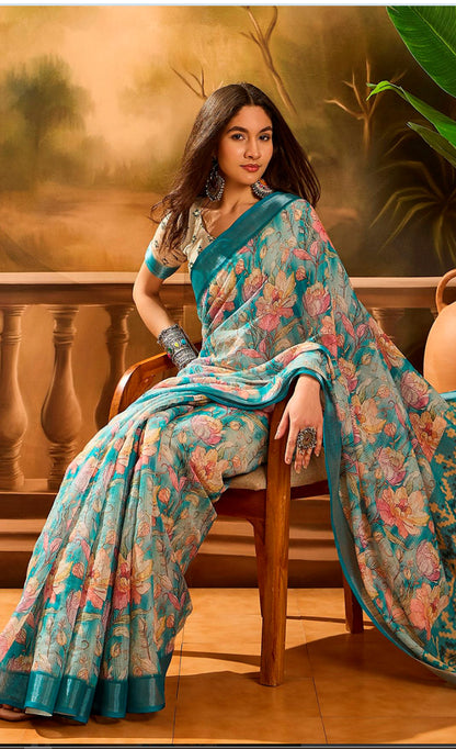 Aqua Blue Floral Linen Cotton Saree with Contrast Blue Edge for Women
