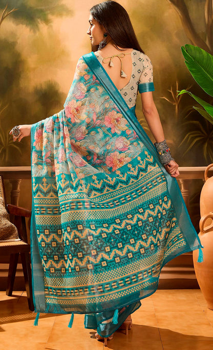 Aqua Blue Floral Linen Cotton Saree with Contrast Blue Edge for Women