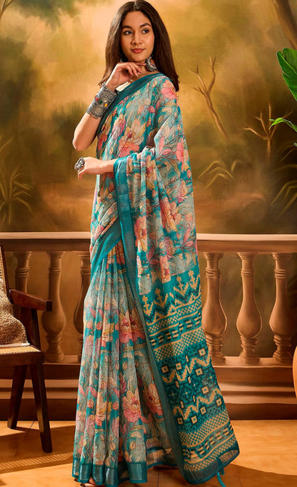 Aqua Blue Floral Linen Cotton Saree with Contrast Blue Edge for Women