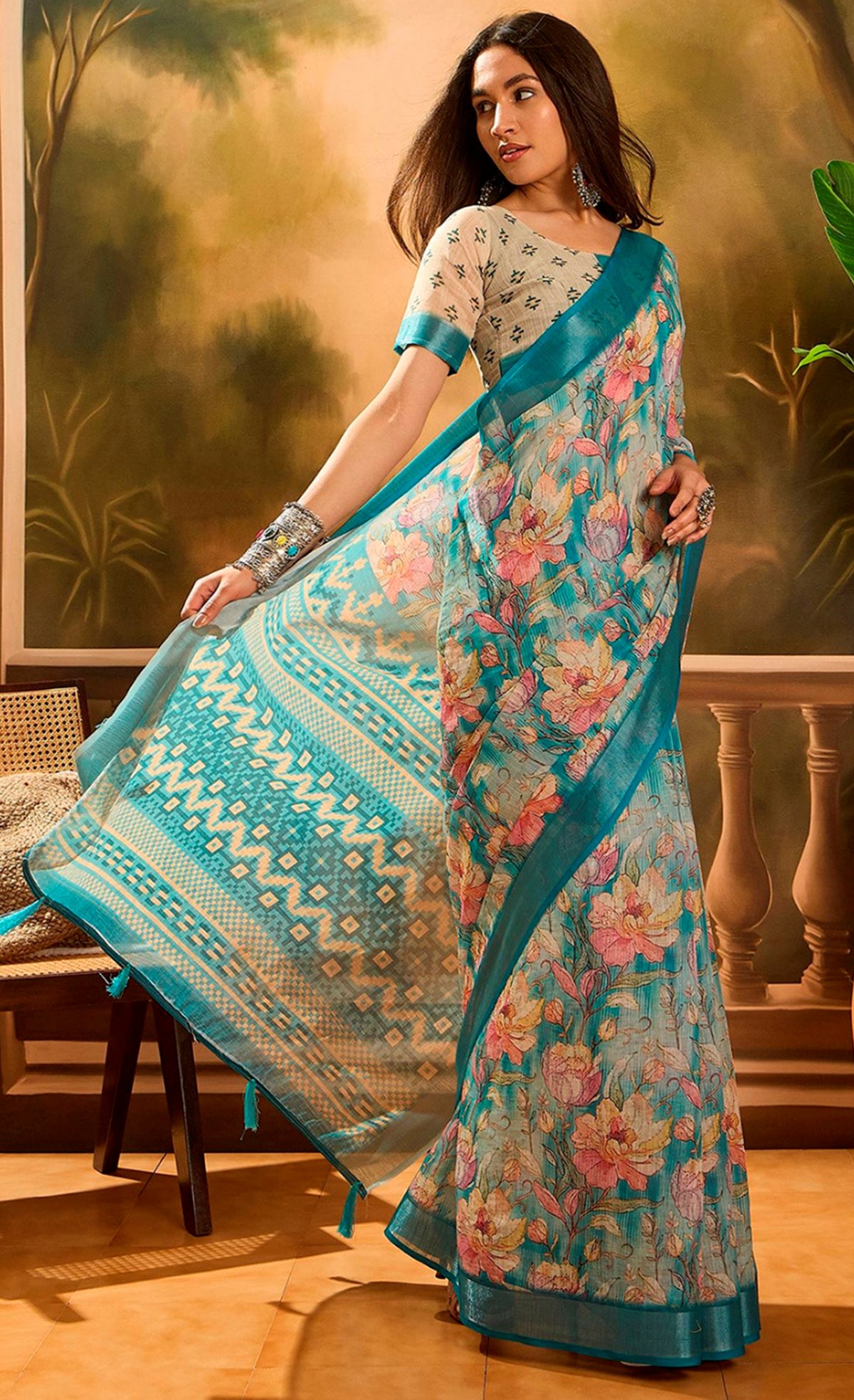 Aqua Blue Floral Linen Cotton Saree with Contrast Blue Edge for Women