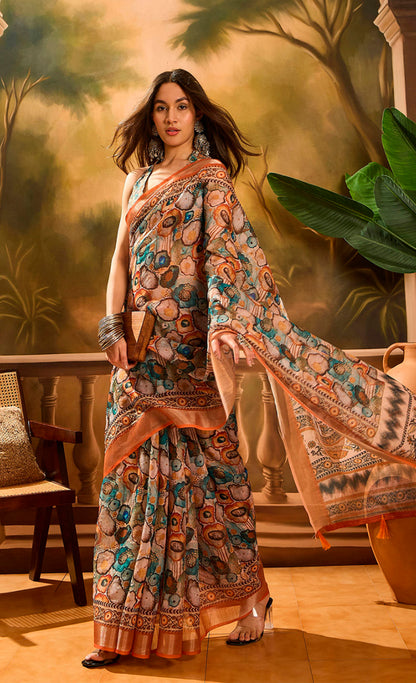 Peach Floral Linen Cotton Saree with Statement Blue Border! for Women