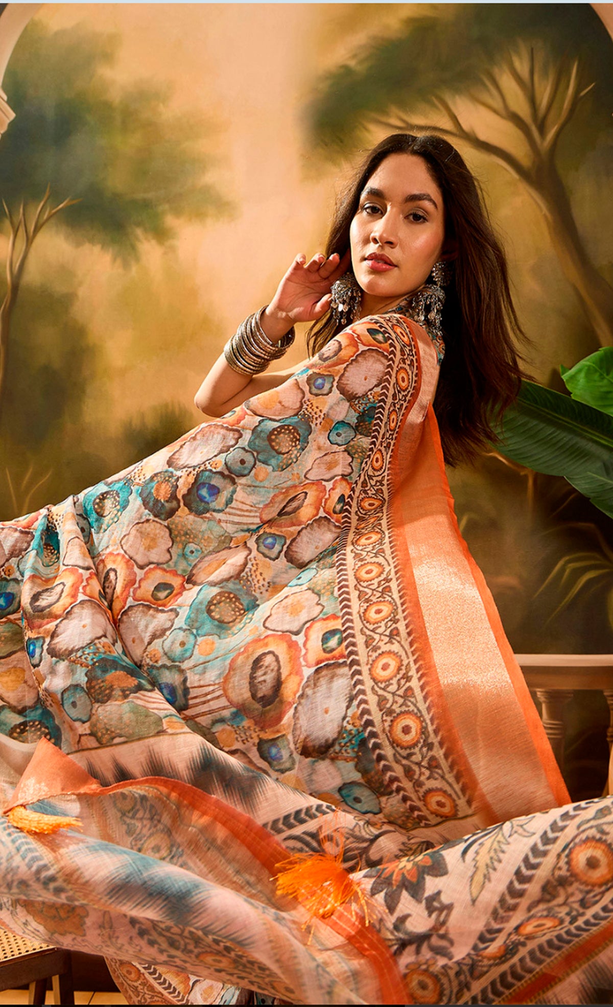 Peach Floral Linen Cotton Saree with Statement Blue Border! for Women