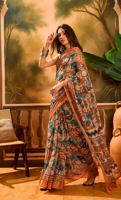 Peach Floral Linen Cotton Saree with Statement Blue Border! for Women