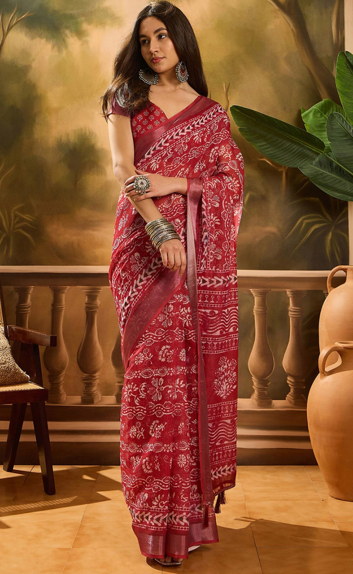 Red Floral Linen Cotton Saree with Beautiful Printed Border 2
