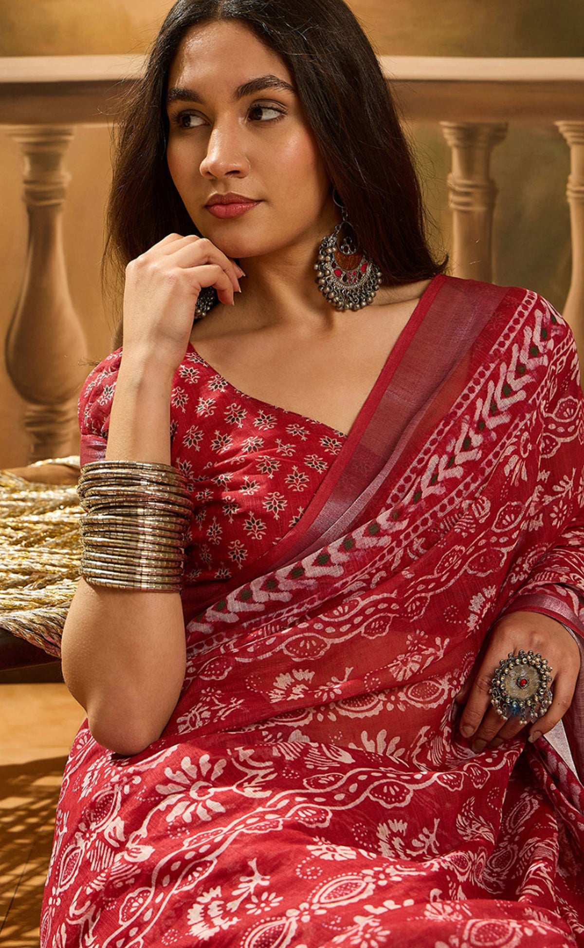 Red Floral Linen Cotton Saree with Beautiful Printed Border 2