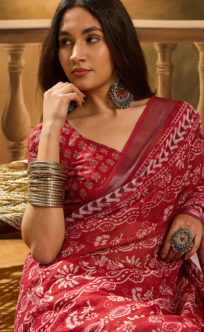 Red Floral Linen Cotton Saree with Beautiful Printed Border 2