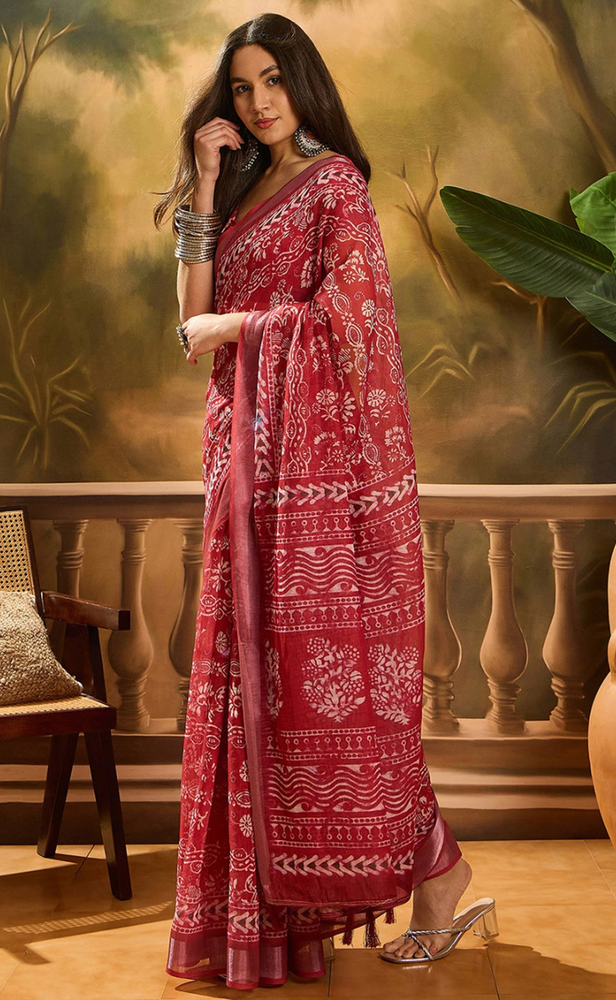 Red Floral Linen Cotton Saree with Beautiful Printed Border 2