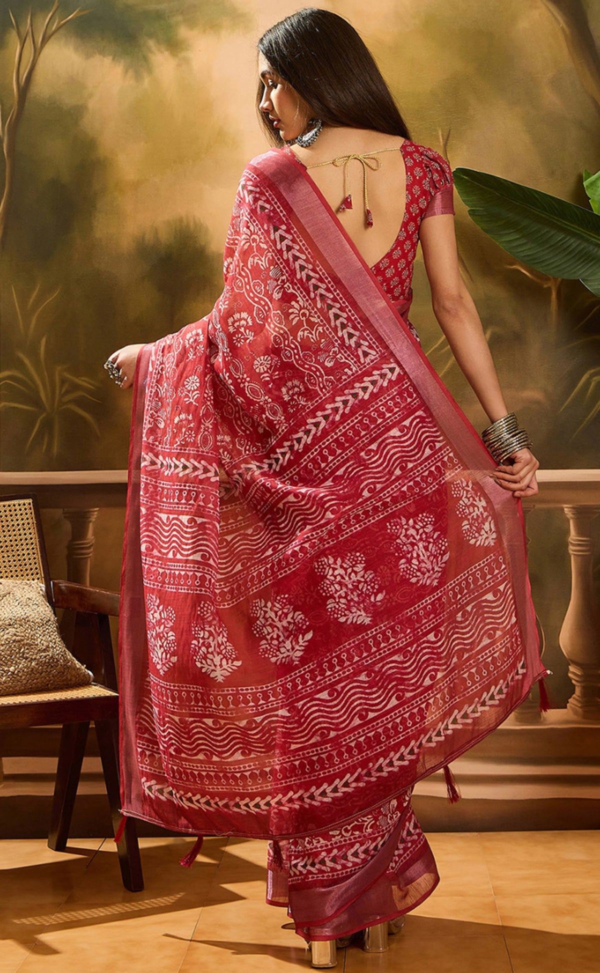 Red Floral Linen Cotton Saree with Beautiful Printed Border 2