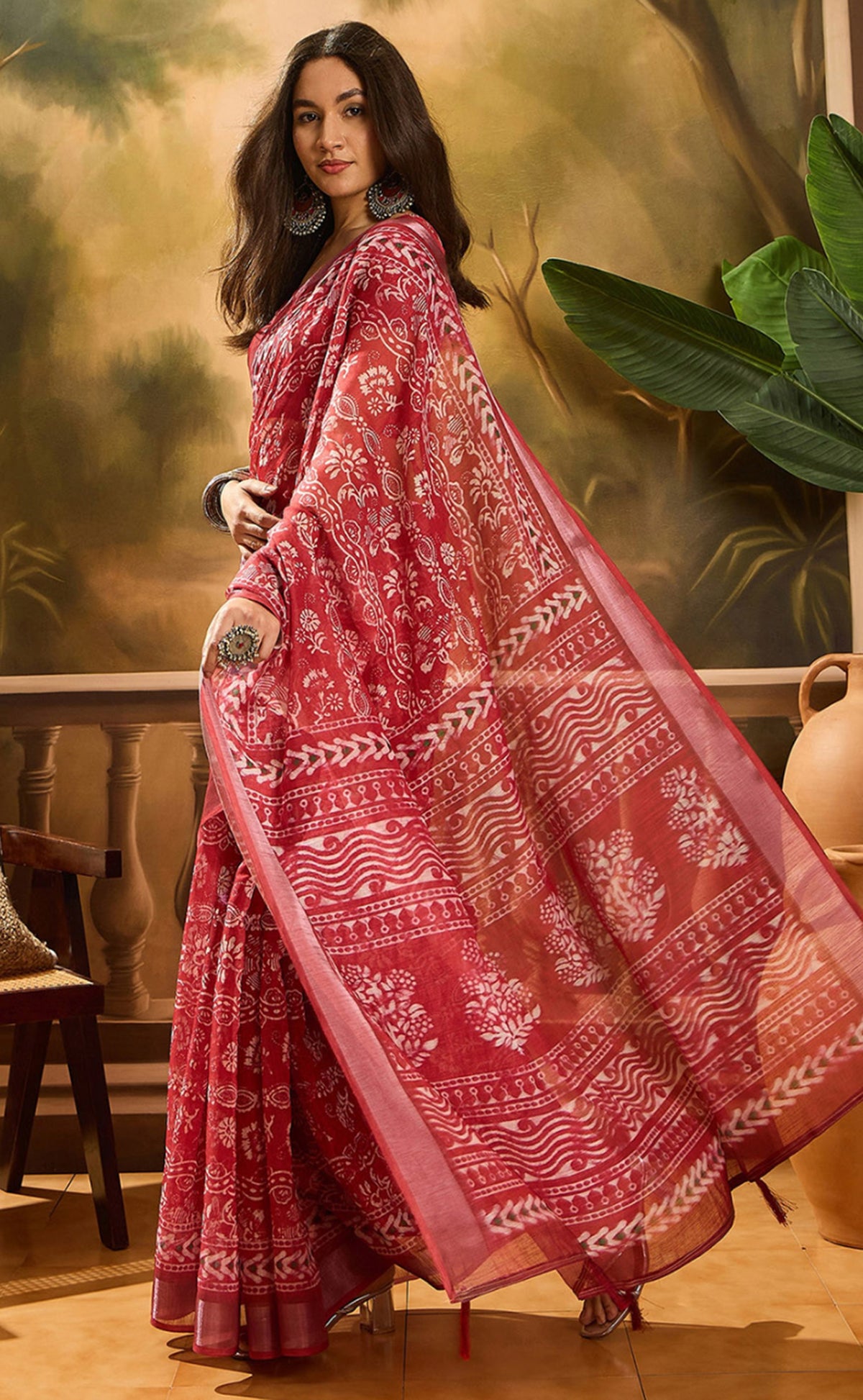 Red Floral Linen Cotton Saree with Beautiful Printed Border 2
