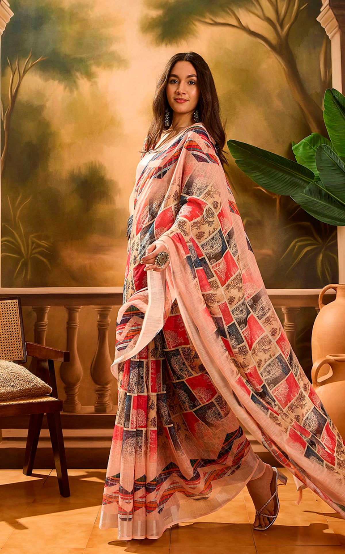 Red Floral Linen Cotton Saree with Beautiful Printed Border for Women