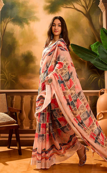 Red Floral Linen Cotton Saree with Beautiful Printed Border for Women