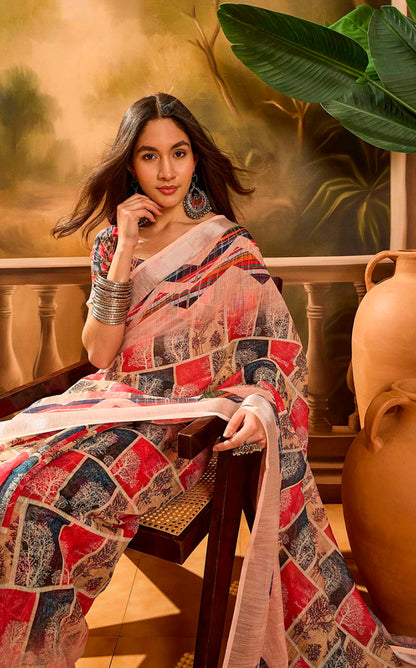 Red Floral Linen Cotton Saree with Beautiful Printed Border for Women