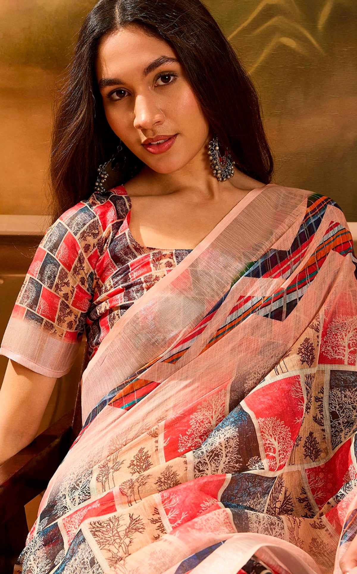 Red Floral Linen Cotton Saree with Beautiful Printed Border for Women