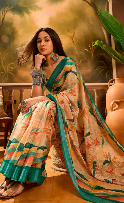 Peach Floral Linen Cotton Saree with Blue Border for Ladies for Women