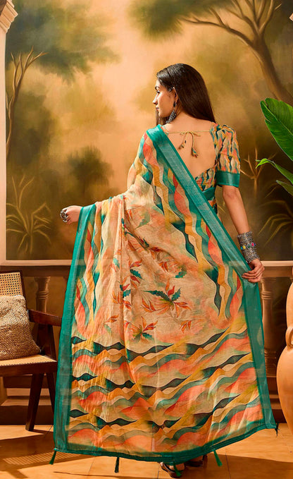 Peach Floral Linen Cotton Saree with Blue Border for Ladies for Women