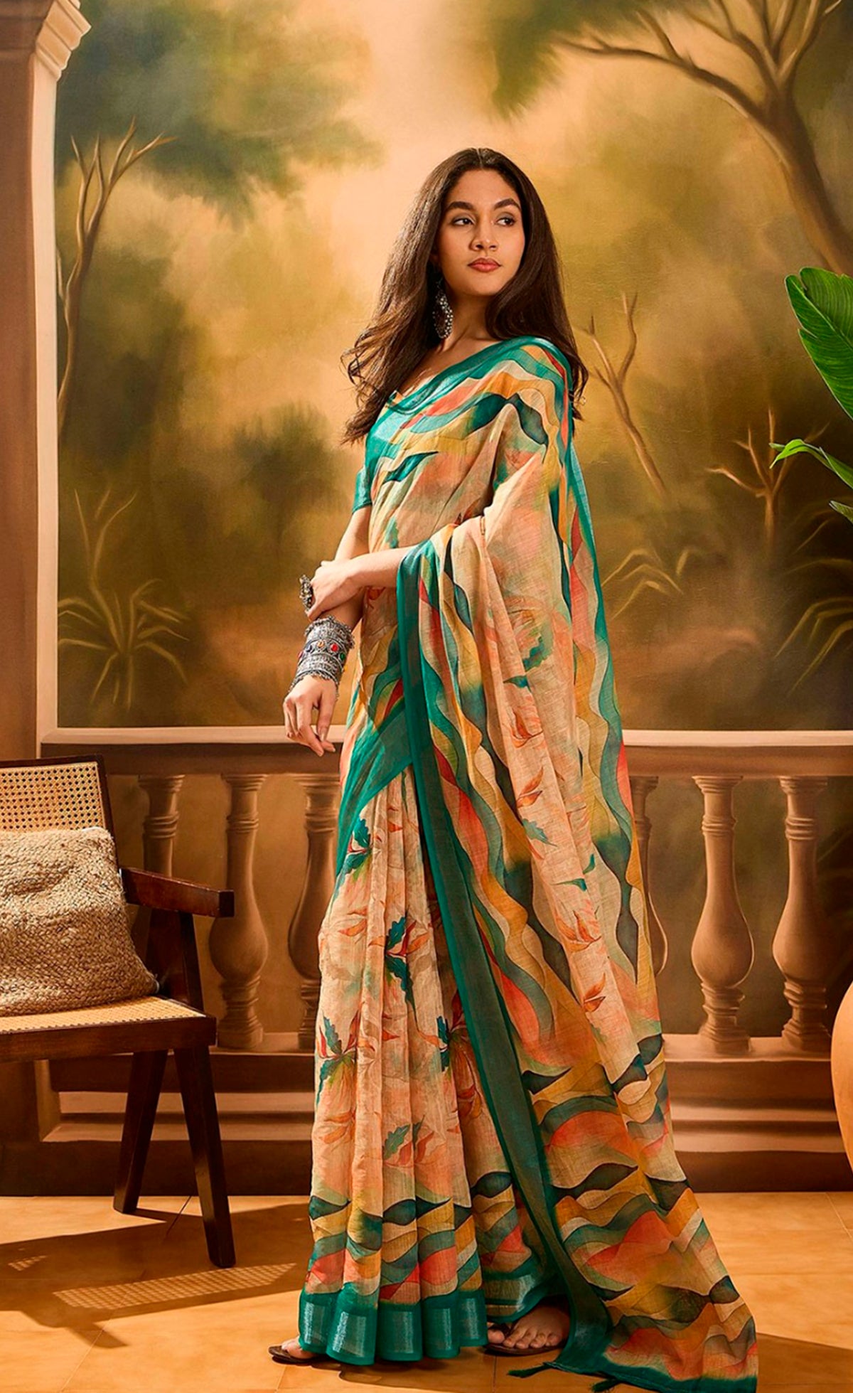 Peach Floral Linen Cotton Saree with Blue Border for Ladies for Women