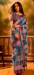 Multicolour Floral Linen Cotton Saree with Blue Border Look for Women
