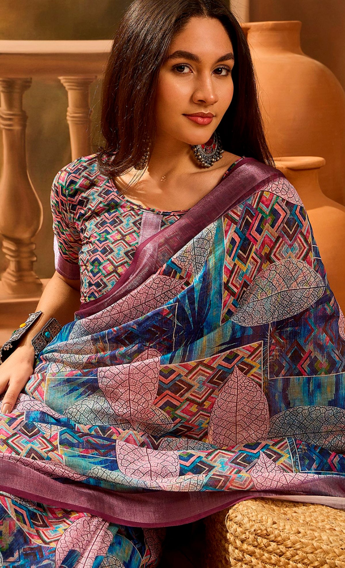 Multicolour Floral Linen Cotton Saree with Blue Border Look for Women