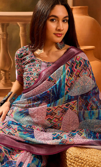 Multicolour Floral Linen Cotton Saree with Blue Border Look for Women