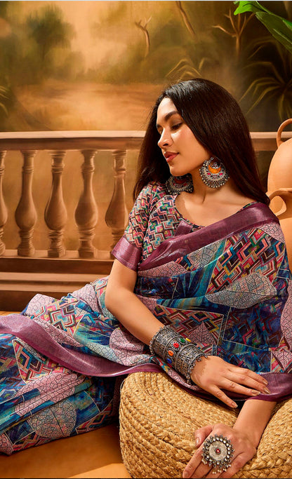 Multicolour Floral Linen Cotton Saree with Blue Border Look for Women