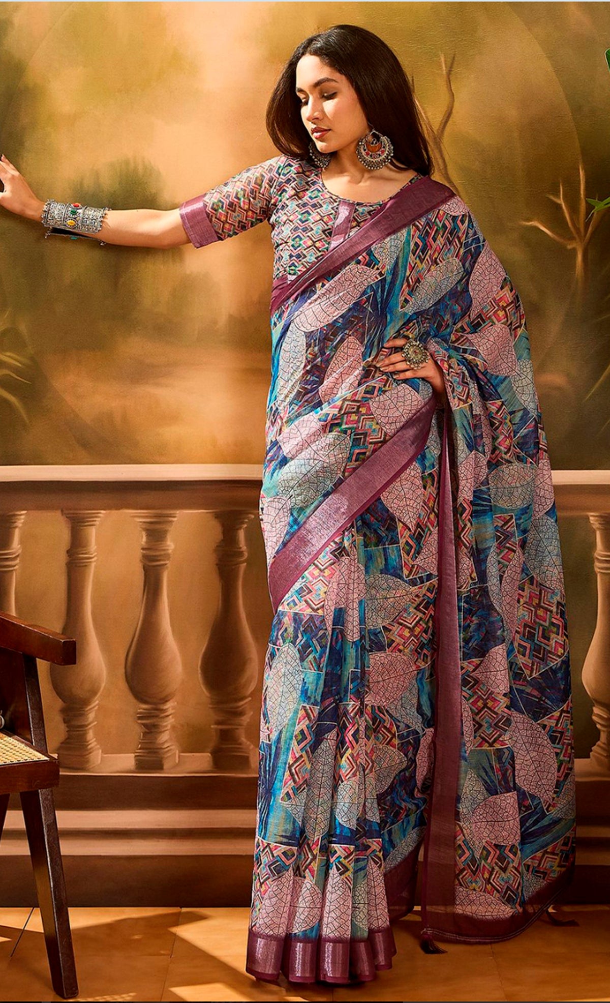Multicolour Floral Linen Cotton Saree with Blue Border Look for Women